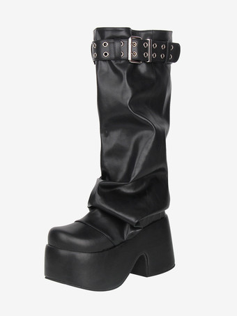 Stivali Gothic Lolita neri in PU con punta rotonda in PU e tacco spesso in pelle Lolita