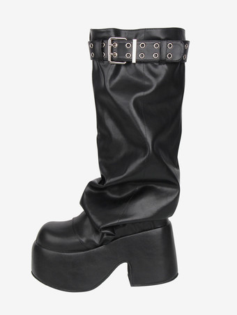 Stivali Gothic Lolita neri in PU con punta rotonda in PU e tacco spesso in pelle Lolita