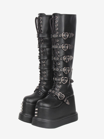 negro Botas góticas Lolita de piel sintética con punta redonda y tacón de cuña negro.