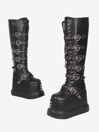 Botas góticas Lolita de piel sintética con punta redonda y tacón de cuña negro.