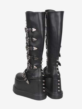 Botas góticas Lolita de piel sintética con punta redonda y tacón de cuña negro.