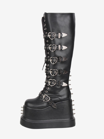 Botas góticas Lolita de piel sintética con punta redonda y tacón de cuña negro.