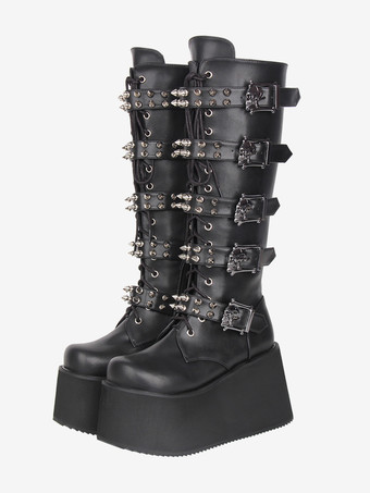 SchwarzGothic Lolita Stiefel aus PU-Leder runde Zehenpartie schwarzer Keilabsatz