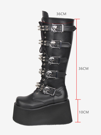 Gothic Lolita Stiefel aus PU-Leder runde Zehenpartie schwarzer Keilabsatz