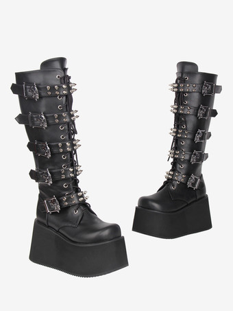 Gothic Lolita Stiefel aus PU-Leder runde Zehenpartie schwarzer Keilabsatz