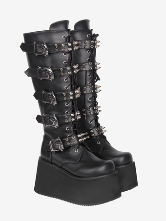 Gothic Lolita Stiefel aus PU-Leder runde Zehenpartie schwarzer Keilabsatz