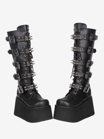 Gothic Lolita Stiefel aus PU-Leder runde Zehenpartie schwarzer Keilabsatz