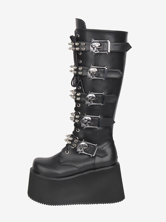 Gothic Lolita Stiefel aus PU-Leder runde Zehenpartie schwarzer Keilabsatz