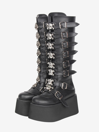 ブラック ゴシックロリータブーツ ブラック PU ラウンドトゥ ウェッジヒール プラットフォーム ロリータシューズ