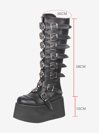 ゴシックロリータブーツ ブラック PU ラウンドトゥ ウェッジヒール プラットフォーム ロリータシューズ