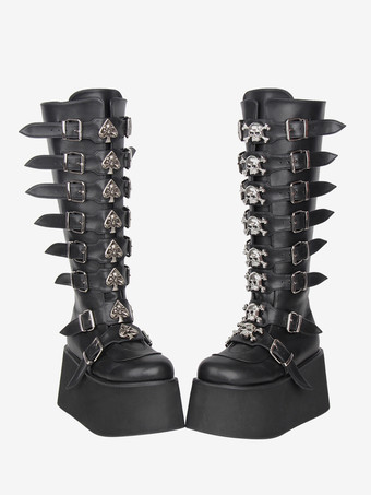 ゴシックロリータブーツ ブラック PU ラウンドトゥ ウェッジヒール プラットフォーム ロリータシューズ