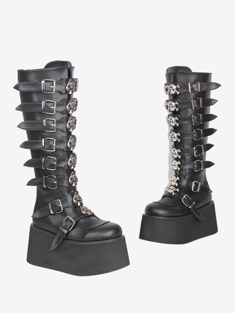 ゴシックロリータブーツ ブラック PU ラウンドトゥ ウェッジヒール プラットフォーム ロリータシューズ