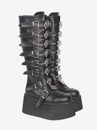 ゴシックロリータブーツ ブラック PU ラウンドトゥ ウェッジヒール プラットフォーム ロリータシューズ