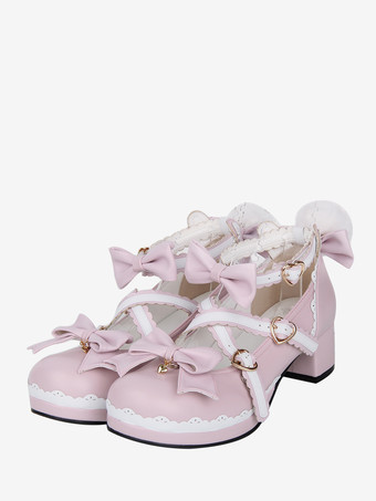 ピンクスイートロリータシューズ ピンクのリボン チャンキーヒール ロリータパンプス