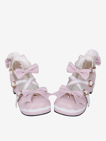 スイートロリータシューズ ピンクのリボン チャンキーヒール ロリータパンプス