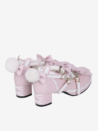 スイートロリータシューズ ピンクのリボン チャンキーヒール ロリータパンプス