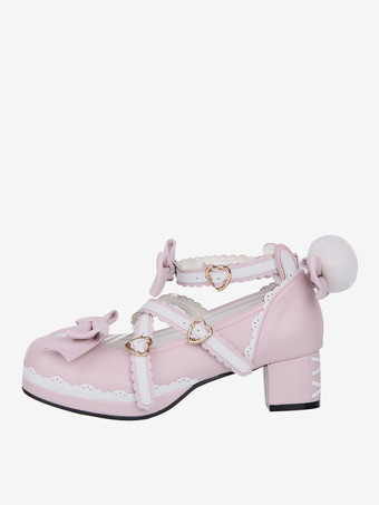 スイートロリータシューズ ピンクのリボン チャンキーヒール ロリータパンプス