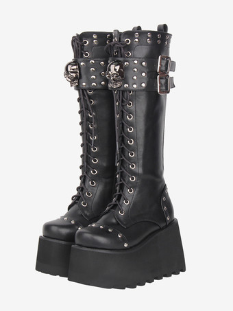 negro Botas góticas Lolita de piel sintética con punta redonda y tacón de cuña negro.
