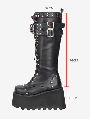 Botas góticas Lolita de piel sintética con punta redonda y tacón de cuña negro.
