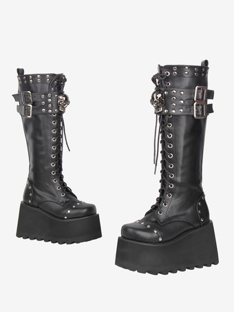 Botas góticas Lolita de piel sintética con punta redonda y tacón de cuña negro.
