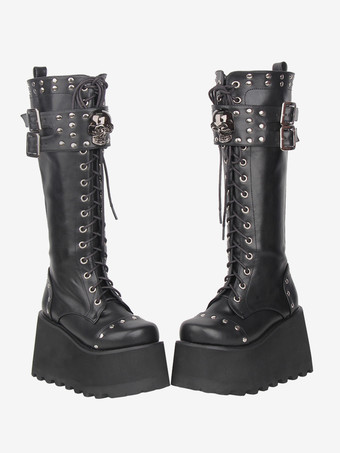 Botas góticas Lolita de piel sintética con punta redonda y tacón de cuña negro.