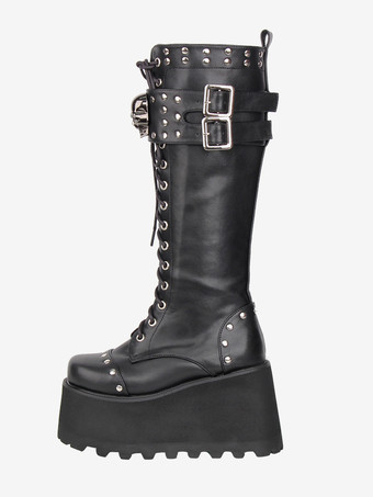 Botas góticas Lolita de piel sintética con punta redonda y tacón de cuña negro.