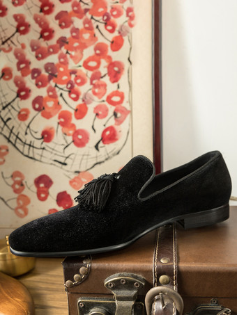 ベルベットドレスシューズ メンズ ラウンドトゥ スリッポン フォーマル プロムシューズ タッセル付き