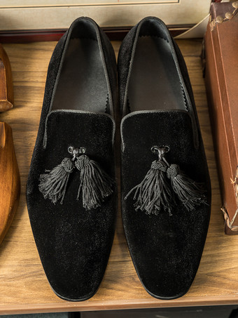 ベルベットドレスシューズ メンズ ラウンドトゥ スリッポン フォーマル プロムシューズ タッセル付き