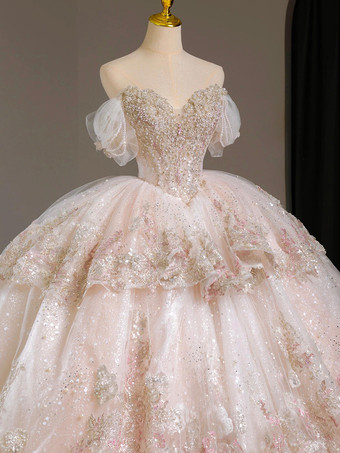 ピンクの妖精ロリータドレス ビーズ刺繍 マルチレイヤー フロアレングス ロリータドレス