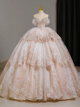 ピンクの妖精ロリータドレス ビーズ刺繍 マルチレイヤー フロアレングス ロリータドレス