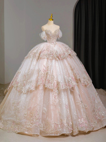 ピンクの妖精ロリータドレス ビーズ刺繍 マルチレイヤー フロアレングス ロリータドレス