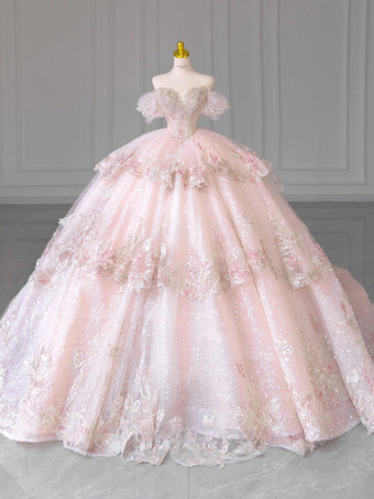 ピンクピンクの妖精ロリータドレス ビーズ刺繍 マルチレイヤー フロアレングス ロリータドレス