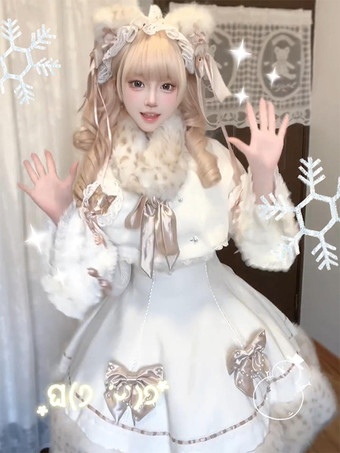 Conjunto de Lolita dulce con lazos blancos encaje mangas largas vestido capa y top.