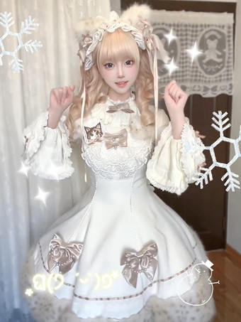 Conjunto de Lolita dulce con lazos blancos encaje mangas largas vestido capa y top.