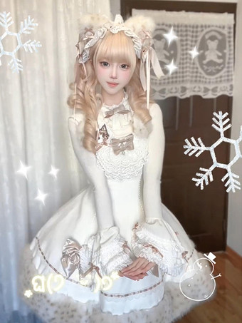 Conjunto de Lolita dulce con lazos blancos encaje mangas largas vestido capa y top.