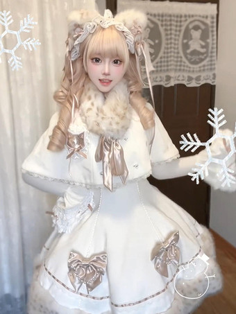 Conjunto de Lolita dulce con lazos blancos encaje mangas largas vestido capa y top.