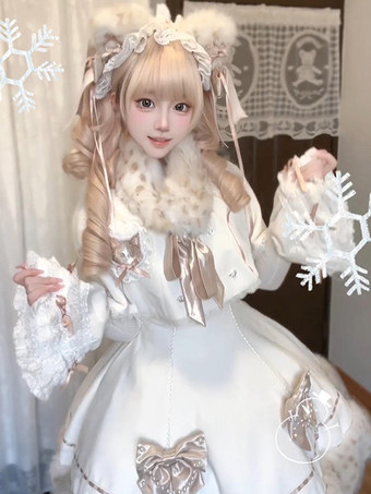 Conjunto de Lolita dulce con lazos blancos encaje mangas largas vestido capa y top.