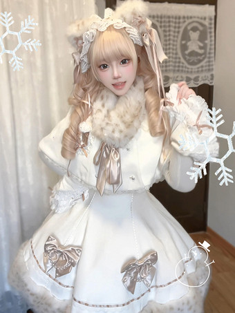 blanco Conjunto de Lolita dulce con lazos blancos encaje mangas largas vestido capa y top.