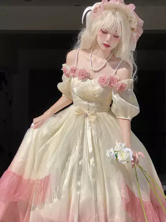 Abito Lolita Gotico Rosa E Bianco Con Volant - Costume Cosplay Da Alice O Belle