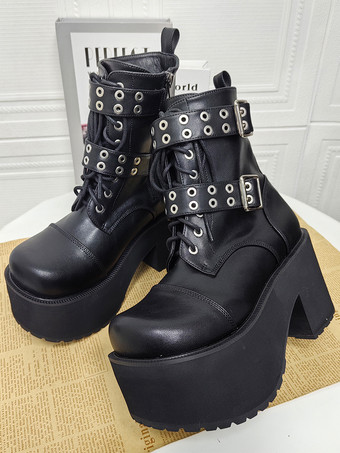 Botas góticas Lolita de piel sintética con punta redonda y tacón grueso negro.