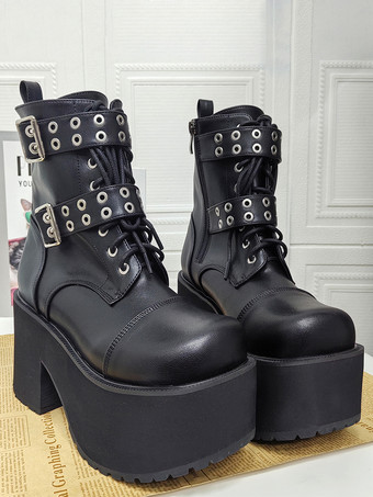 Botas góticas Lolita de piel sintética con punta redonda y tacón grueso negro.