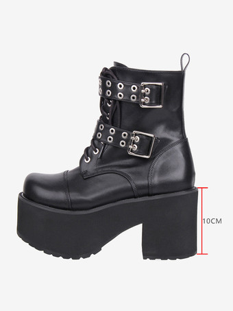 Botas góticas Lolita de piel sintética con punta redonda y tacón grueso negro.
