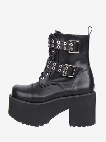 Botas góticas Lolita de piel sintética con punta redonda y tacón grueso negro.
