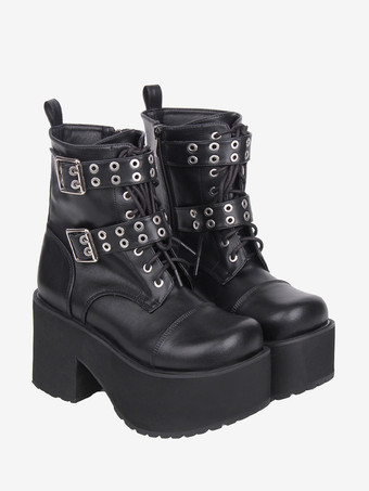 Botas góticas Lolita de piel sintética con punta redonda y tacón grueso negro.