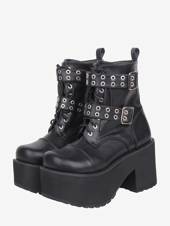 negro Botas góticas Lolita de piel sintética con punta redonda y tacón grueso negro.