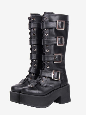 ブラック ゴシックロリータブーツ ブラック ラウンドトゥ PUレザー チャンキーヒール ニーハイ ロリータシューズ