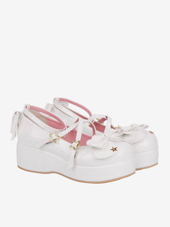 スイートロリータシューズ ホワイトリボン PUレザー ウェッジヒール ロリータパンプス