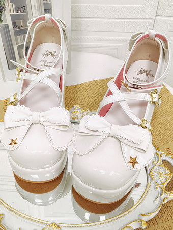 スイートロリータシューズ ホワイトリボン PUレザー ウェッジヒール ロリータパンプス