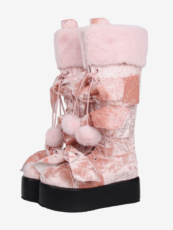 ピンクゴシックロリータブーツ ピンク PU ラウンドトゥ テリー ウェッジヒール ニーハイ ロリータシューズ