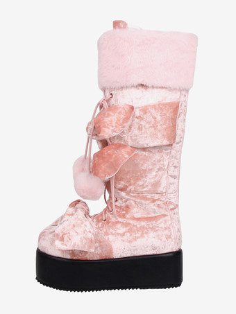 ゴシックロリータブーツ ピンク PU ラウンドトゥ テリー ウェッジヒール ニーハイ ロリータシューズ